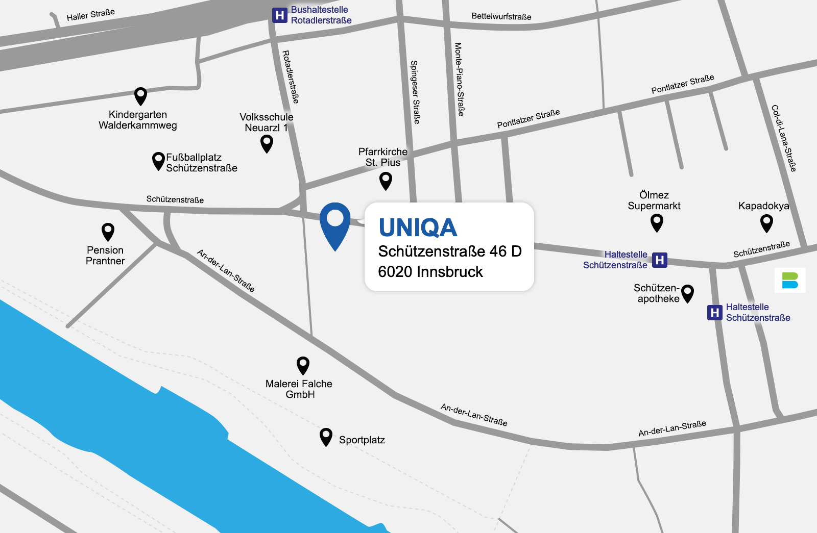 Eine detaillierte gezeichnete Karte der UNIQA Generalagentur Leader